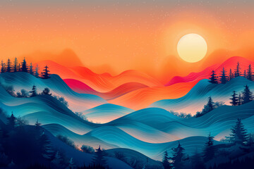 Beautifull  modern illustration of natural landscapes, with mountains, valleys, flowers, trees and forests - obrazy, fototapety, plakaty