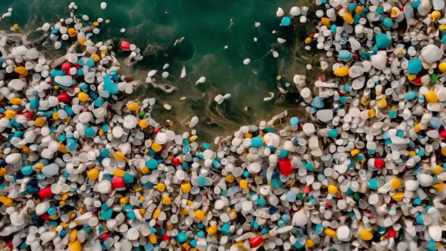 Top View image of enormous plastic waste in the ocean, concept of the plastic waste crisis and the problem of plastic waste in the sea.