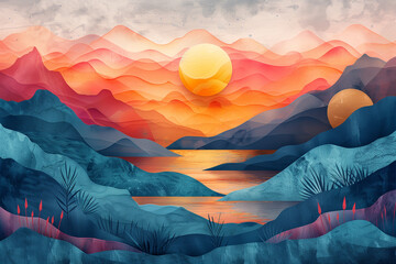 Beautifull  modern illustration of natural landscapes, with mountains, valleys, flowers, trees and forests