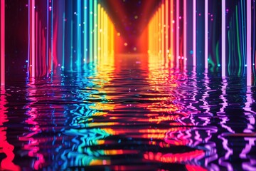 A colorful, neon lighted tunnel with water reflecting the lights