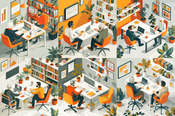 Business people modern interior isometric vector illustrations. Office people collaborative decision creative making coworking process colorful concepts