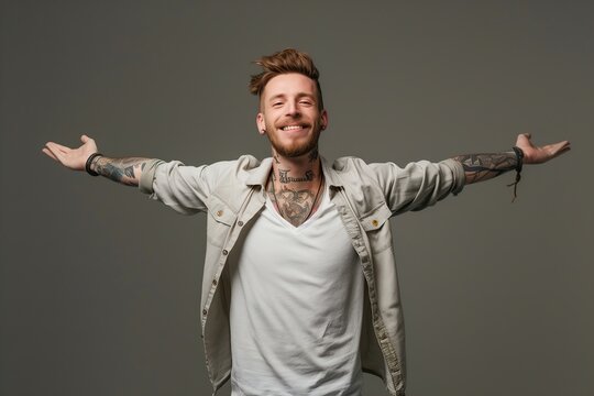 A man with tattoos and a beard is smiling and raising his arms