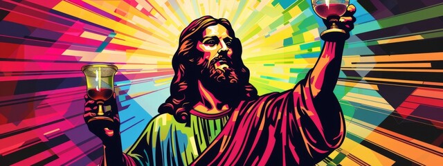 Jesus holding up the chalice of wine with a colorful background Generative AI - obrazy, fototapety, plakaty