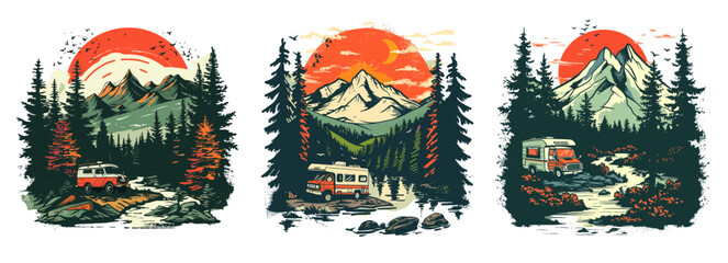 Camper wild nature color ink sketch outdoor travel vector concepts. Road trip car journey, van explorations frontiers mountain forest illustration isolated on white background