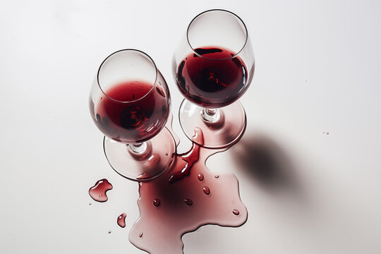 Wine Mishap, Top-Down View of Two Full Wine Glasses and Spilled Wine Beside Them, Capturing the Contrast Between Enjoyment and Accident