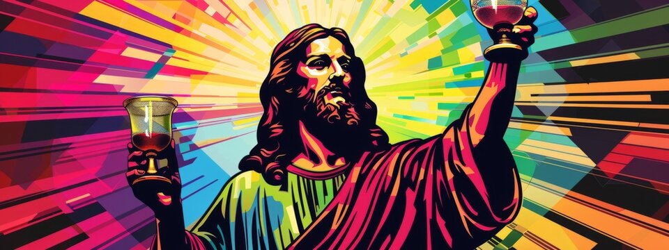 Jesus holding up the chalice of wine with a colorful background Generative AI