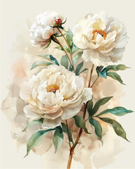 Three delicate white flowers bloom alongside vibrant green leaves in a serene botanical painting