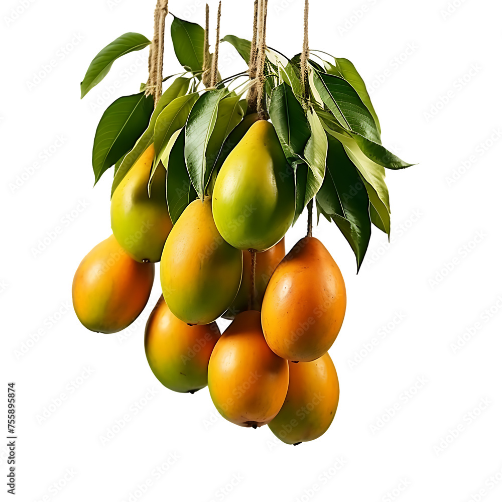 Poster golden ripe mangos suspended by delicate strings - a png cutout isolated on a transparent backdrop