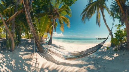 A beach scene with a hammock hanging between two palm trees. The hammock and is suspended over the sand. The sky is clear and the sun is shining brightly. The scene is peaceful
