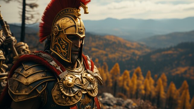 Roman legionary in armor against the backdrop of mountains