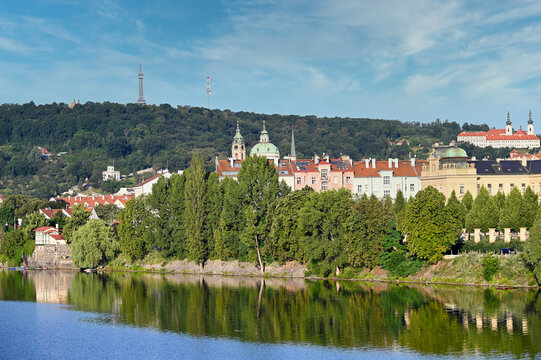 Vltava river Prague riverside cityscape Czech republic