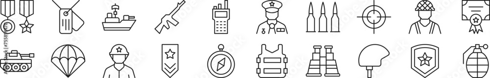 Poster army linear vector icons collection. editable stroke. simple linear illustration for web sites, news