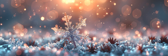 A Snowflake in a Magical Winter Light,
Christmas background with snowflakes and snow - obrazy, fototapety, plakaty