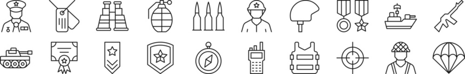 Set of thin line icons of army. Editable stroke. Simple linear illustration for web sites, newspapers, articles book