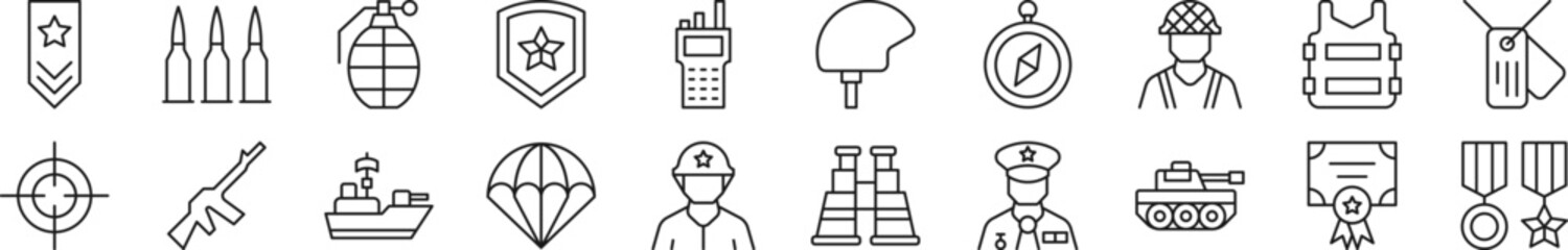 Army Line Icons collection. Editable stroke. Simple linear illustration for web sites, newspapers, articles book