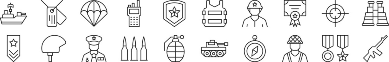 Collection of outline symbol of army. Editable stroke. Simple linear illustration for stores, shops, banners, design