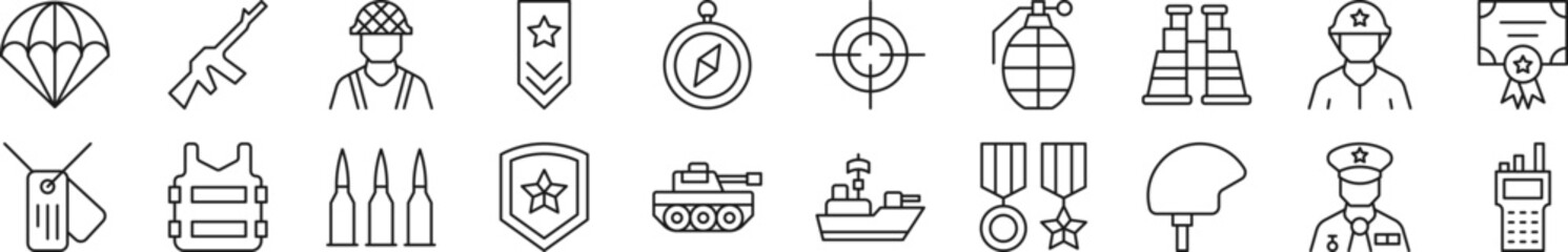 Bundle of linear symbols of army. Editable stroke. Linear symbol for web sites, newspapers, articles book