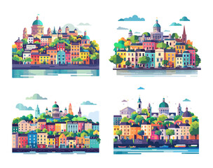 Dublin city view set. Colour minimal flat ireland building craft city panorama collection, simple cartoon cityscapes vector illustration