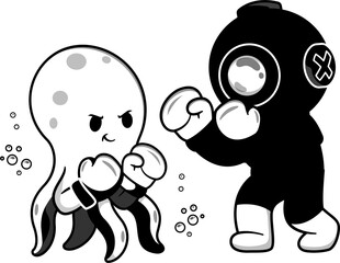 Cute Diver Boxing With Octopus Cartoon Vector Icon Illustration Science Sport Isolated Flat Vector