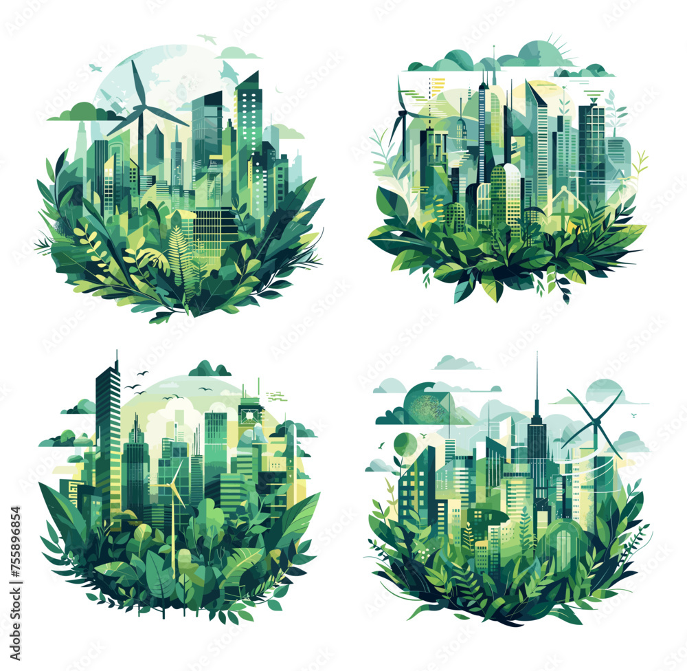 Poster eco cityscapes cartoon style vector set. urban landscapes green energy with skyscrapers eco technolo