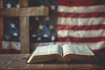 Religious Freedom Concept with Open Bible and American Flag - Ideal for Themes of Faith and Patriotism