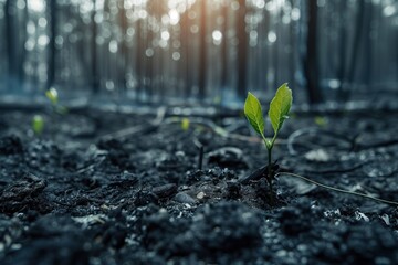 Young plant sprouting from the dark soil with a forest and light bokeh in the background