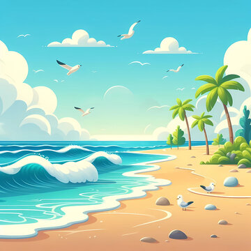 playa, mar, verano, oceáno, isla, la palma, tropical, arena, acuático, cielo, sol, vector, árbol, paisaje, naturaleza, viajando, ilustración, olas, vacaciones, vacaciones, costa, nube, edén, dibujos a
