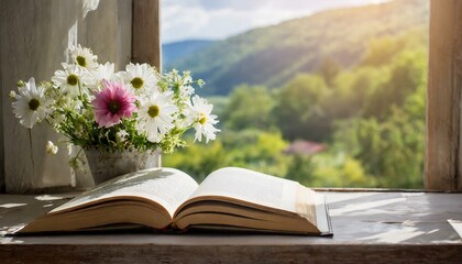 book and flower on window