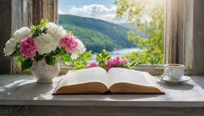 book and flower on window