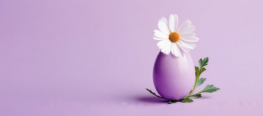 Daisy flower with egg on pastel purple background, Creative minimal Easter concept. Design for banner, greeting card, invitation, poster with copy space