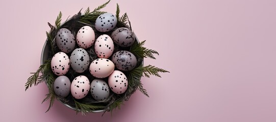 Eggs in bird nest on pastel pink background. Happy Easter concept. Simple spring template, greeting card, banner. Top view, flat lay with copy space - Powered by Adobe