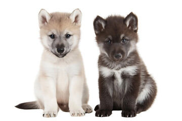 Obraz premium Two wolf cubs with different colors sit together isolated on a transparent background