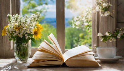 book and flower on window