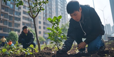 volunteers, young people, volunteers, they plant trees, greening the city