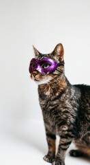 A cat wearing a purple mask