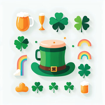 st patricks day icons set with hat, shamrock, beer, rainbow and other items