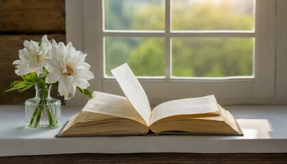 book and flower on window