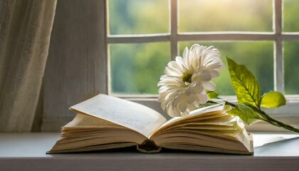 book and flower on window
