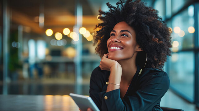 Woman smiling and holding a tablet, standing in an office environment