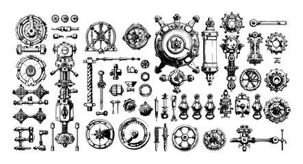Gear generator clutch mechanisms retro threaded machinery parts, pencil sketch vector set. Black and white vintage technical equipment isolated on white background