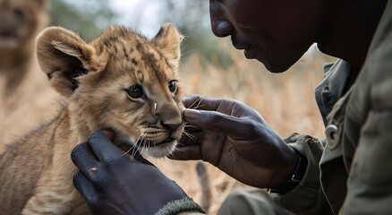 black aboriginal volunteer helping wild animals of Africa, lion cub, elephant calf, wild animal rescue, nature protection