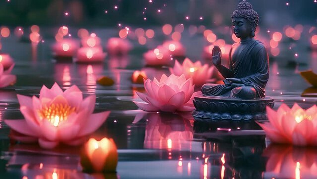 Buddha statue in meditation surrounded by glowing lotus flowers on tranquil water