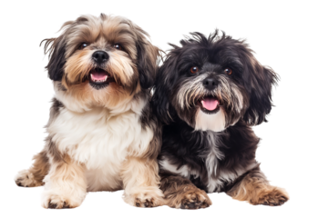 Two dogs with different colors sit together isolated on a transparent background