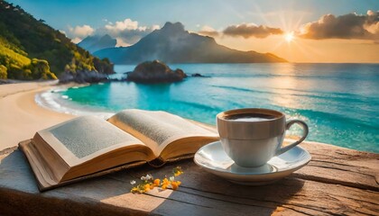 cup of coffee on the beach