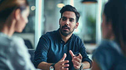 Man gesturing and speaking earnestly to two people during office meeting - obrazy, fototapety, plakaty