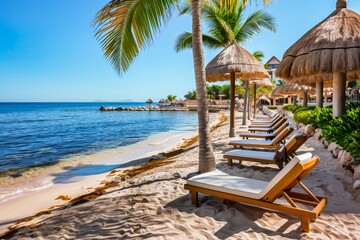 Inviting tropical beach resort with sun loungers and palm trees, perfect for relaxation and vacation by the ocean.
