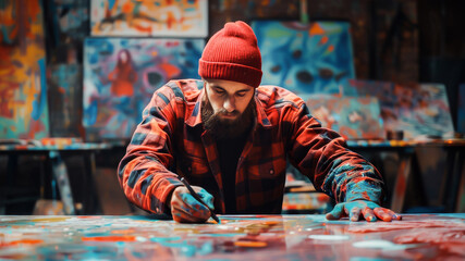 A concentrated male artist with a beard in a red beanie and flannel shirt, creating a vibrant...
