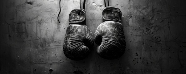 Hanging black boxing gloves on grungy wall - Powered by Adobe