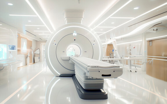 Modern medical imaging room with an MRI machine and clean hospital interior, showcasing advanced healthcare technology.