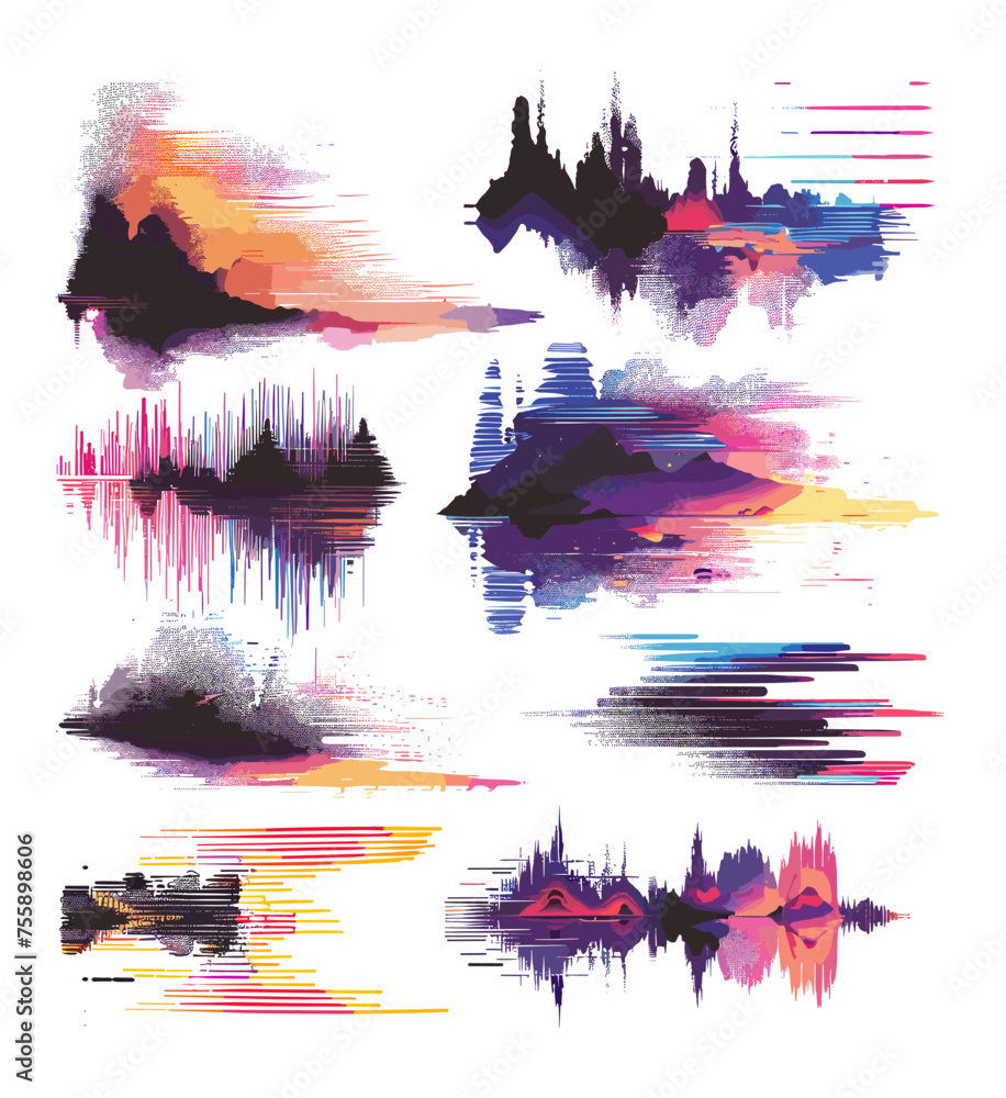 Poster glitches digital pixel noise error colorful vector set. signal failure elements data screen decay ac